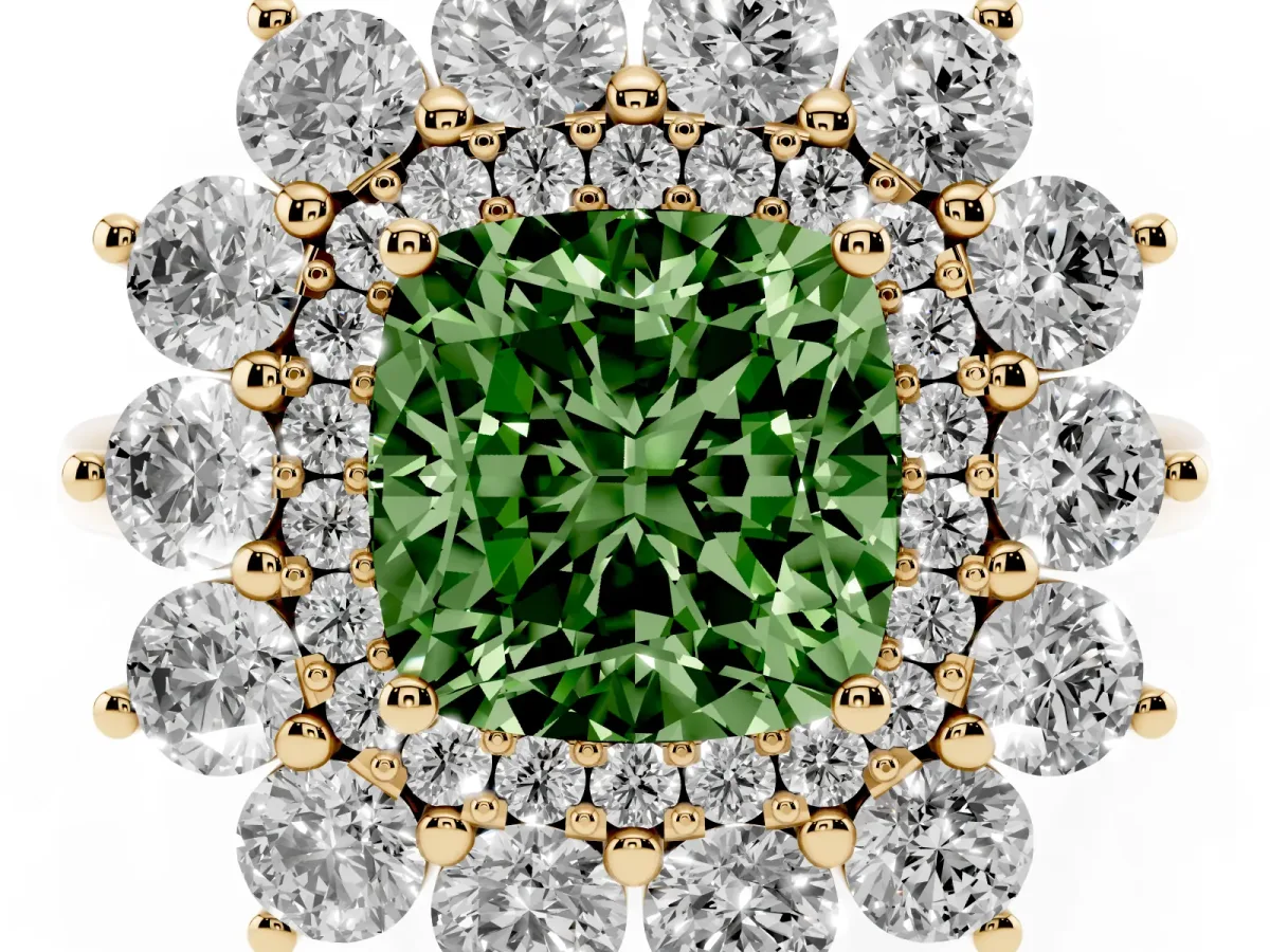Fancy Green Cushion Cut Diamond Floral Double Halo Engagement Ring with Prong Setting Yellow gold