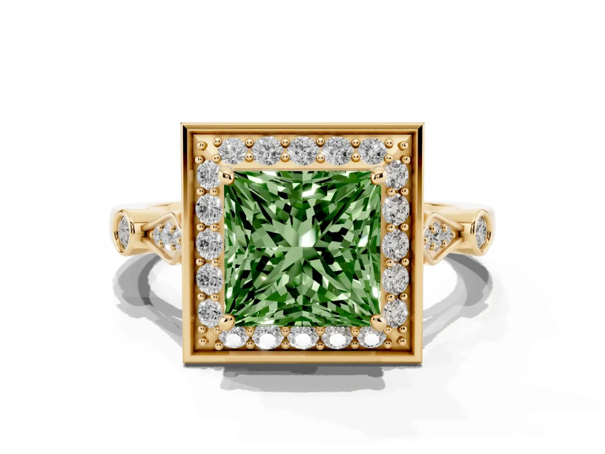 Fancy Green Princess Cut Halo Diamond Engagement Ring with Twisted Band and Four-Prong Setting Yellow gold