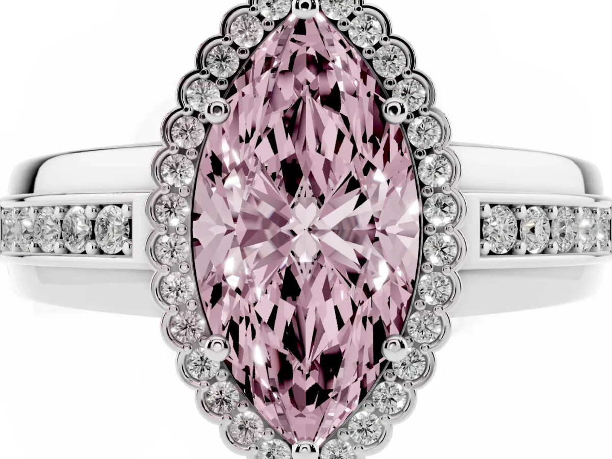 Fancy Pink Marquise Cut Cut Halo Pave Band Four-Prong Ring Platinum