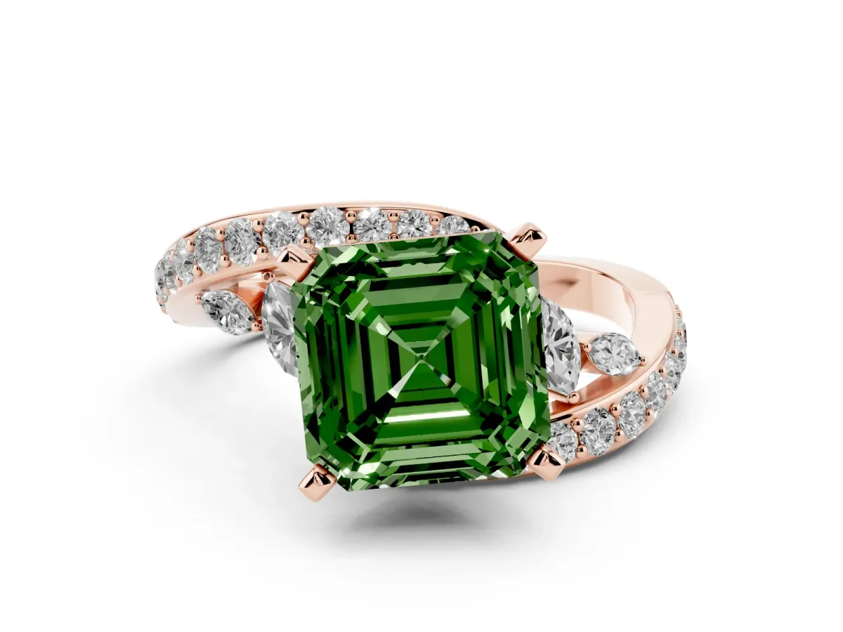 Fancy Green Asscher Cut Solitaire with Pavé Twist Band and Four-Prong Setting Rose gold