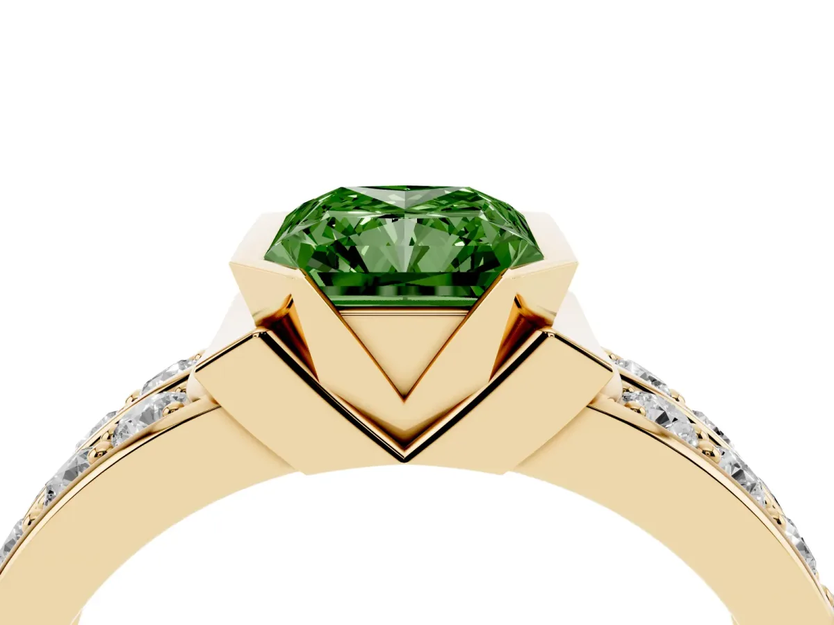 Fancy Green Radiant Cut Brilliant Diamond Channel Set Wide Band Ring with Bezel Setting Yellow gold