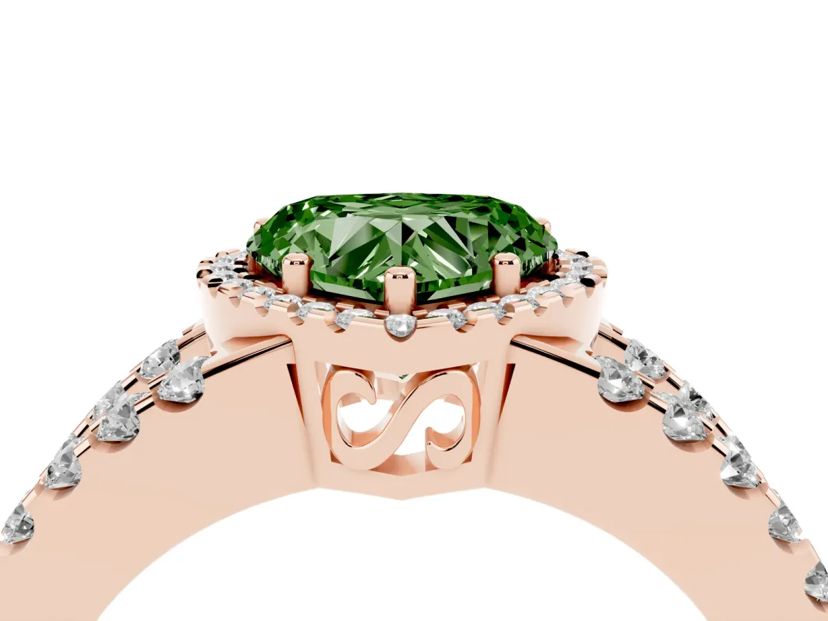 Fancy Green Heart Cut Cut Halo Split Shank Diamond Ring with Four-Prong Setting Rose gold