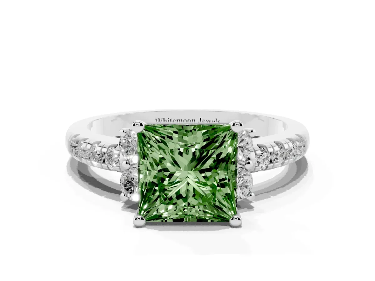 Fancy Green Princess Cut Diamond Three-Stone Pave Band with Four-Prong Setting Silver