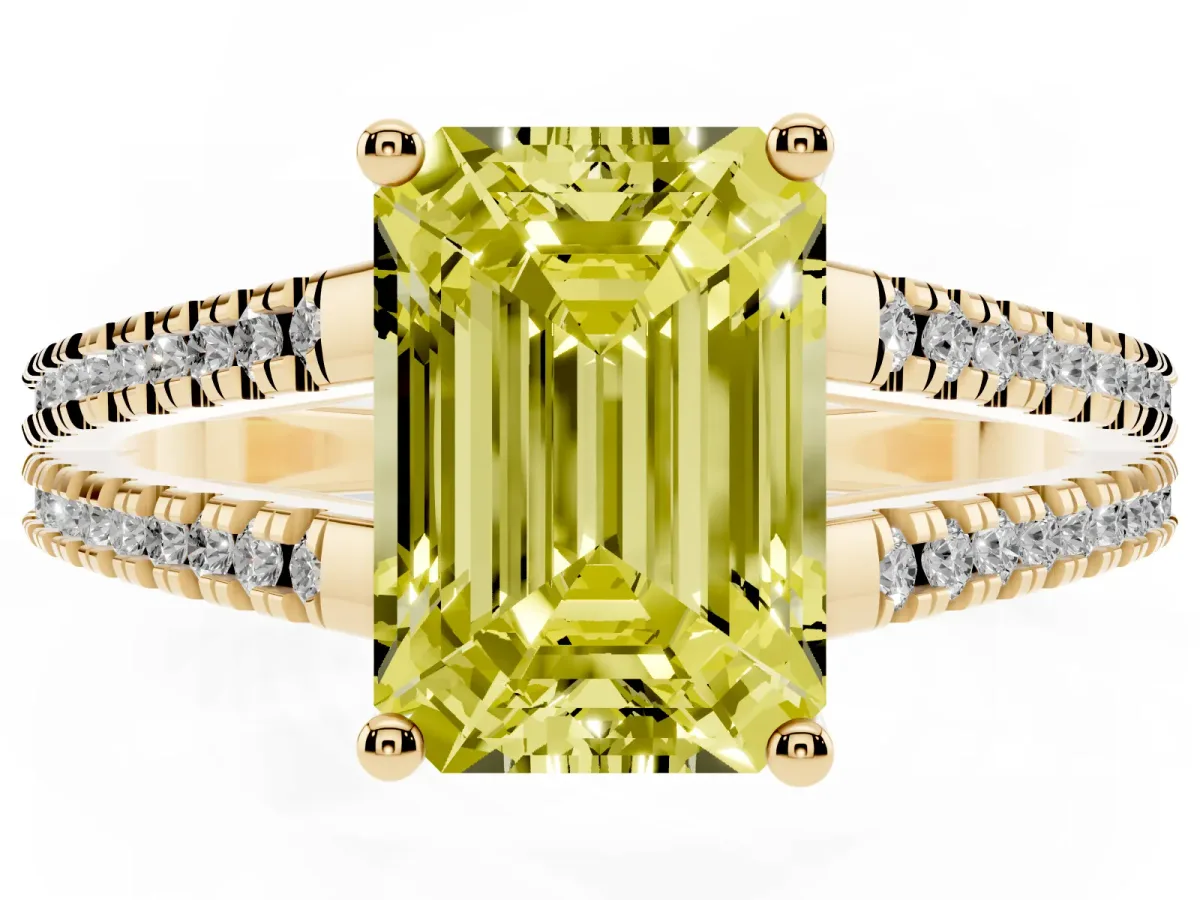 Fancy Yellow Emerald Cut Diamond Solitaire Engagement Ring with Split Shank Pavé Band Yellow gold