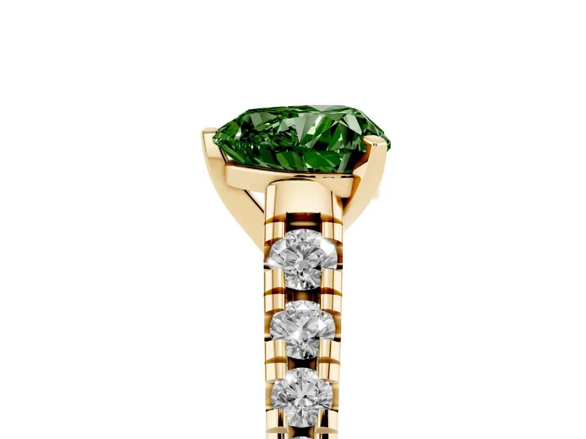 Fancy Green Heart Cut Diamond Cathedral Solitaire Ring with Round Pavé Band Yellow gold