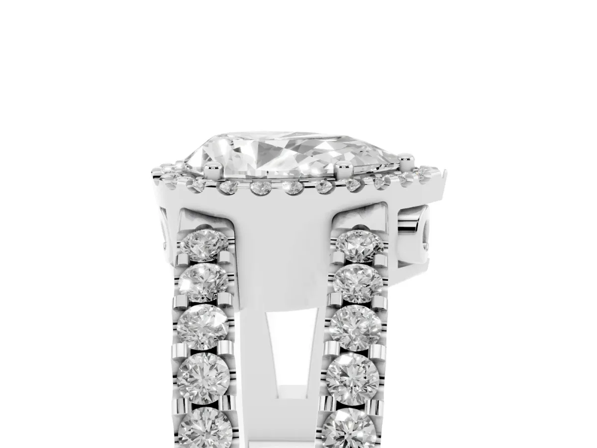Pear Cut Cut Halo Split Shank Diamond Ring with Four-Prong Setting Platinum