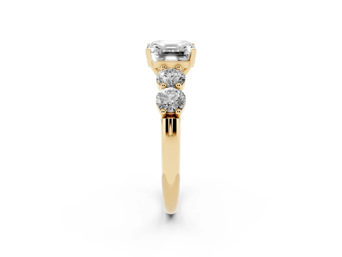 Asscher Cut Cut Five-Stone Prong Set Diamond Ring with Classic Band Yellow gold