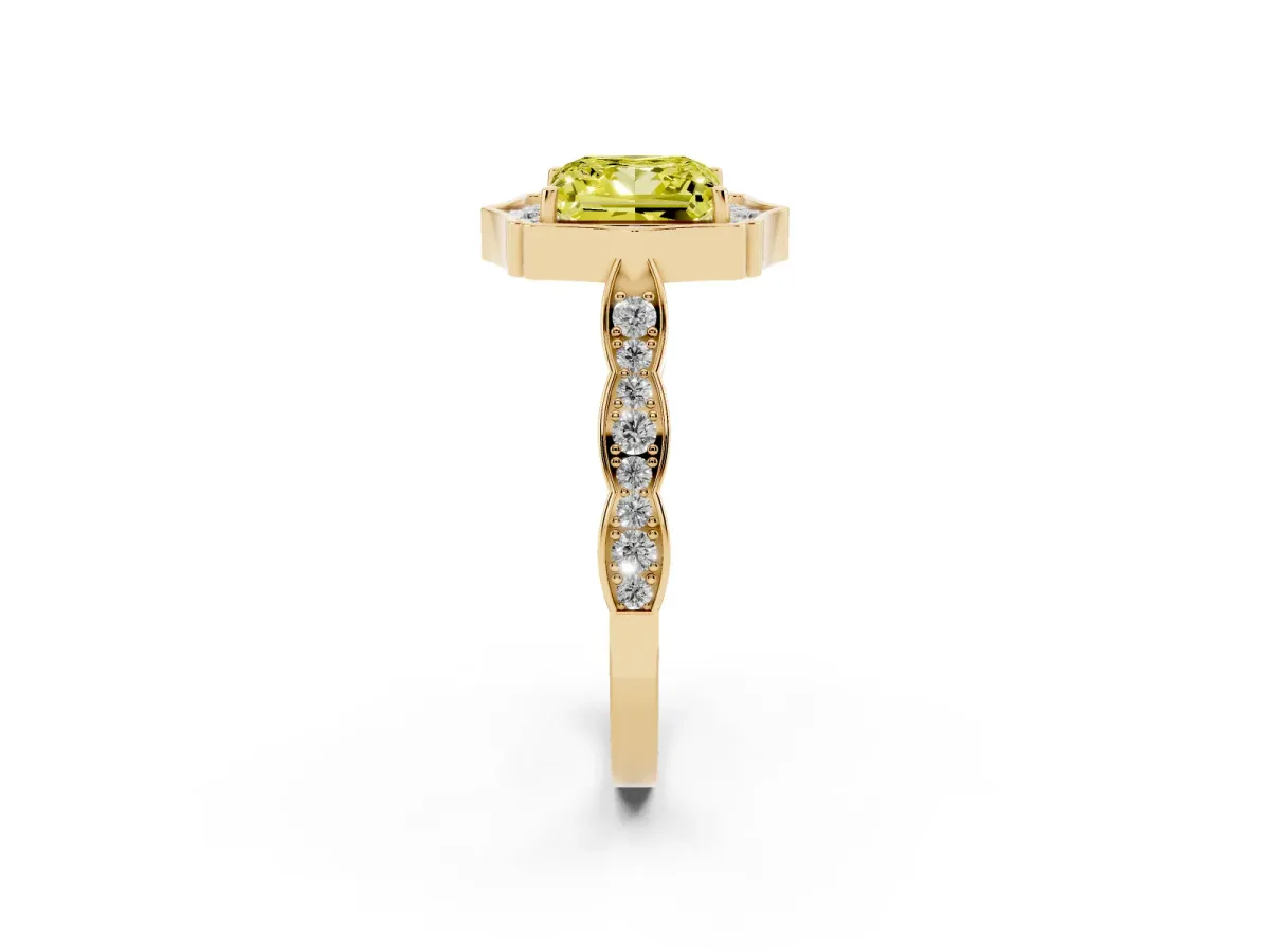 Fancy Yellow Princess Cut Halo Diamond Engagement Ring with Milgrain Band and Four-Prong Setting Yellow gold