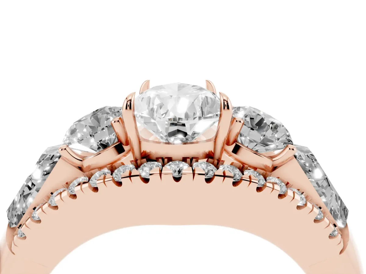 Three-Stone Pear Cut Diamond Engagement Ring with Pave Band and Prong Setting Rose gold
