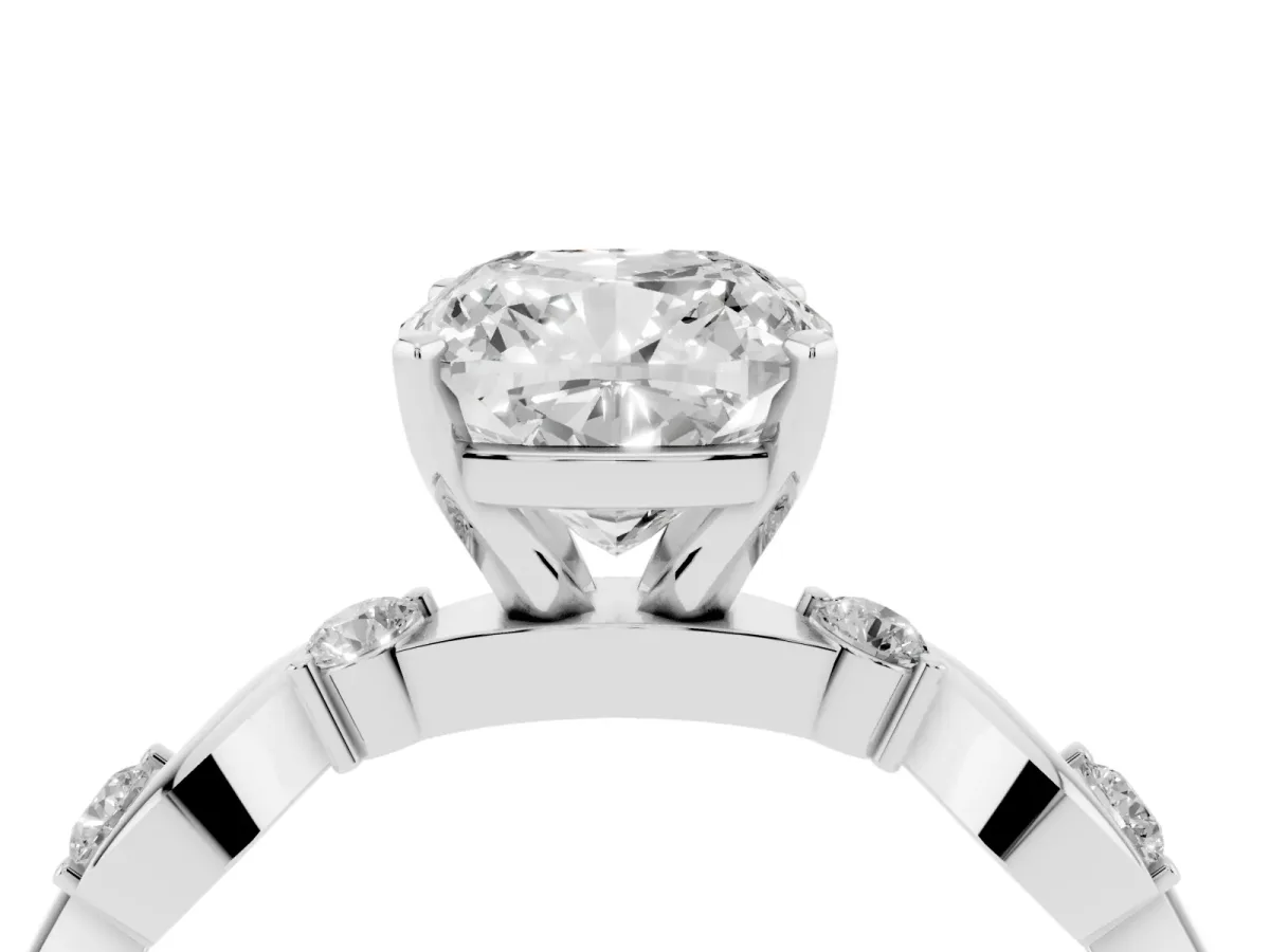 Cushion Cut Diamond Solitaire Twisted Band with Round Accents and Prong Setting White gold