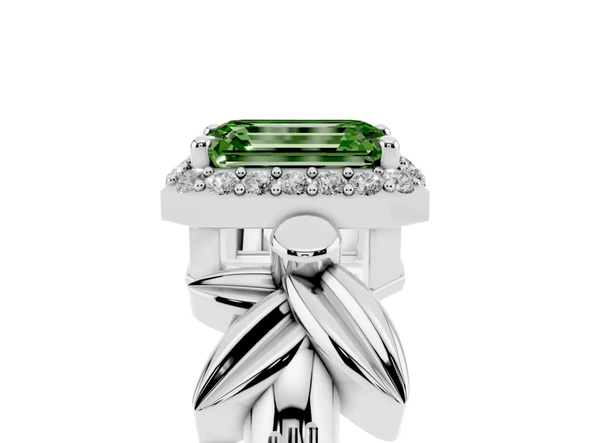 Fancy Green Emerald Cut Halo Diamond Floral Band with Four-Prong Setting Platinum