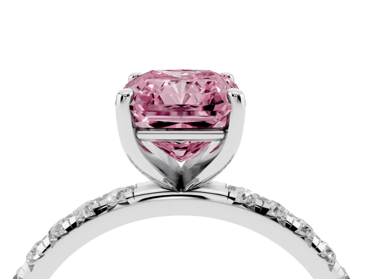 Fancy Pink Radiant Cut Cut Diamond Solitaire Ring with Micro Pave Band and Four Prong Setting Platinum