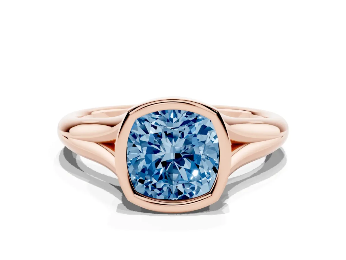 Fancy Blue Bezel Set Cushion Cut Solitaire Diamond Ring with Smooth Band Rose gold