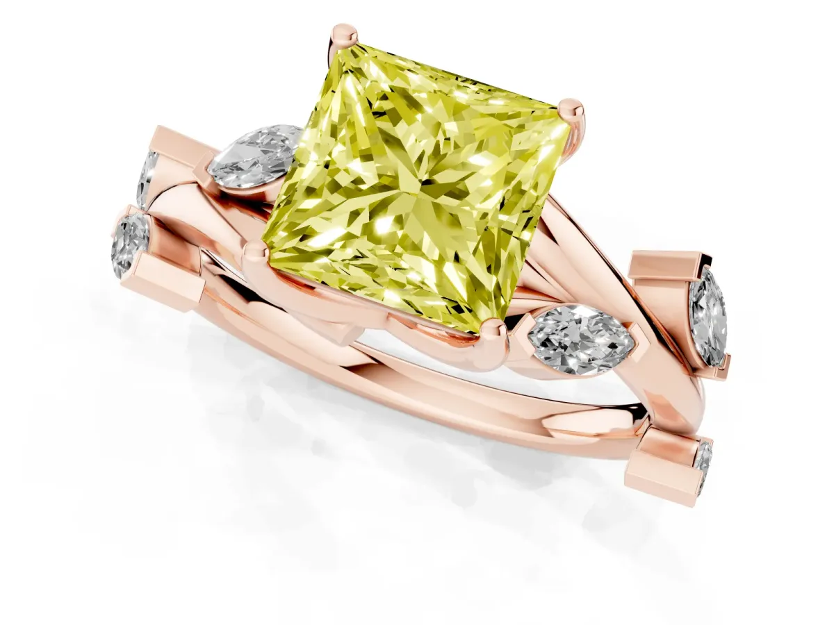Fancy Yellow Princess Cut Solitaire Twisted Band Marquise Accent Prong Setting Ring Rose gold
