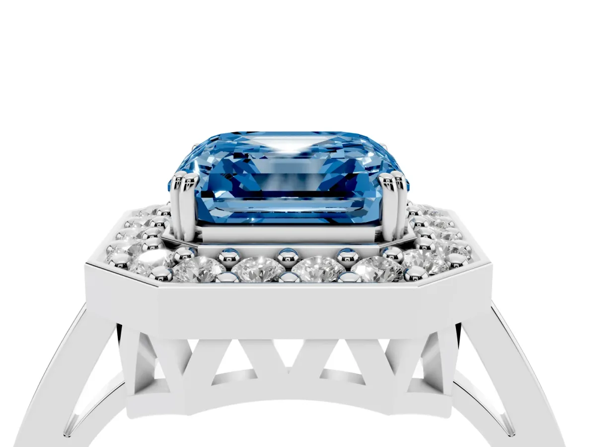 Fancy Blue Asscher Cut Diamond Halo Ring with Split Shank and Four-Prong Setting Platinum