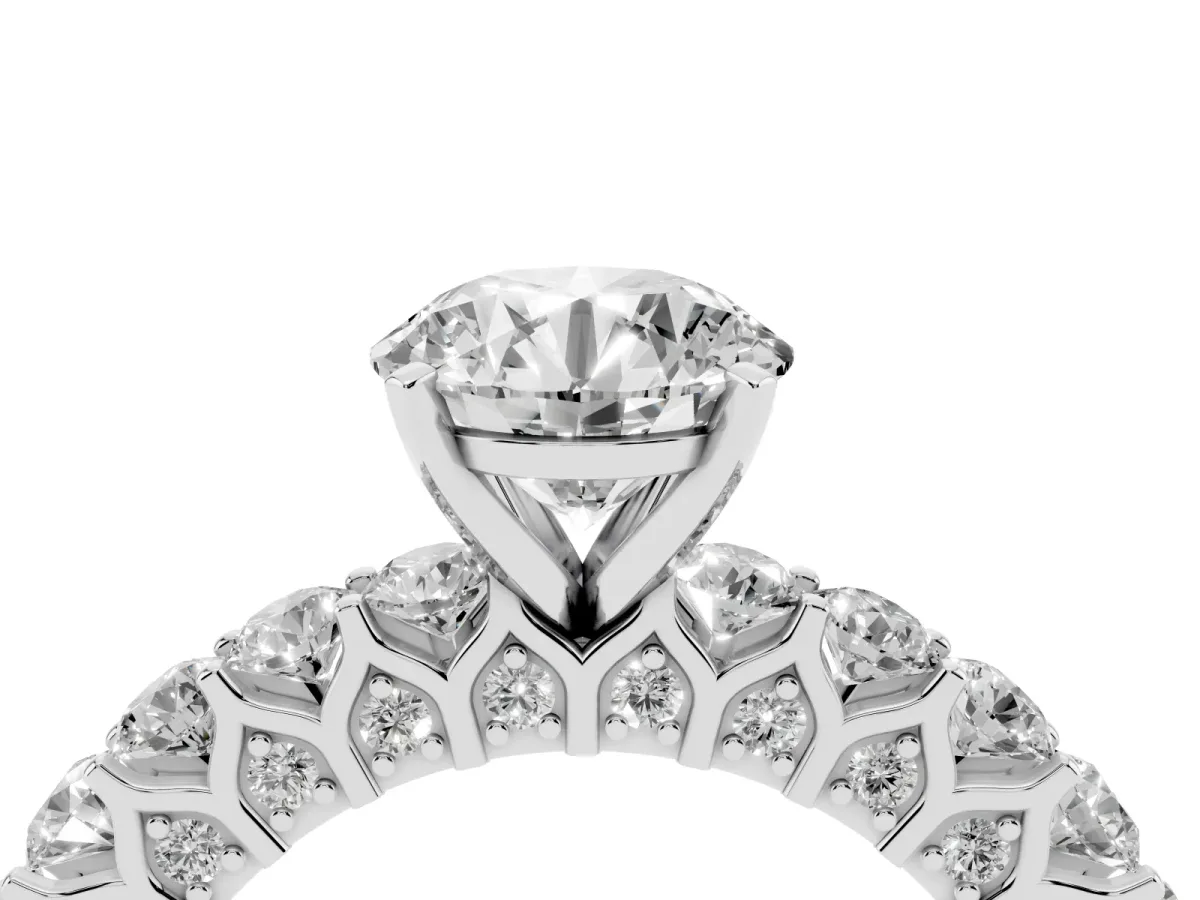 Round Cut Diamond Solitaire Ring with Shared Prong Pavé Band and Four-Prong Setting Silver