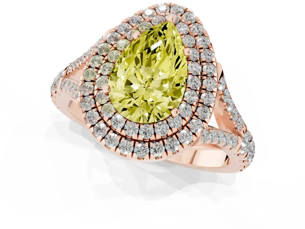 Fancy Yellow Double Halo Pear Cut Diamond Split Shank Engagement Ring with Four-Prong Setting Rose gold