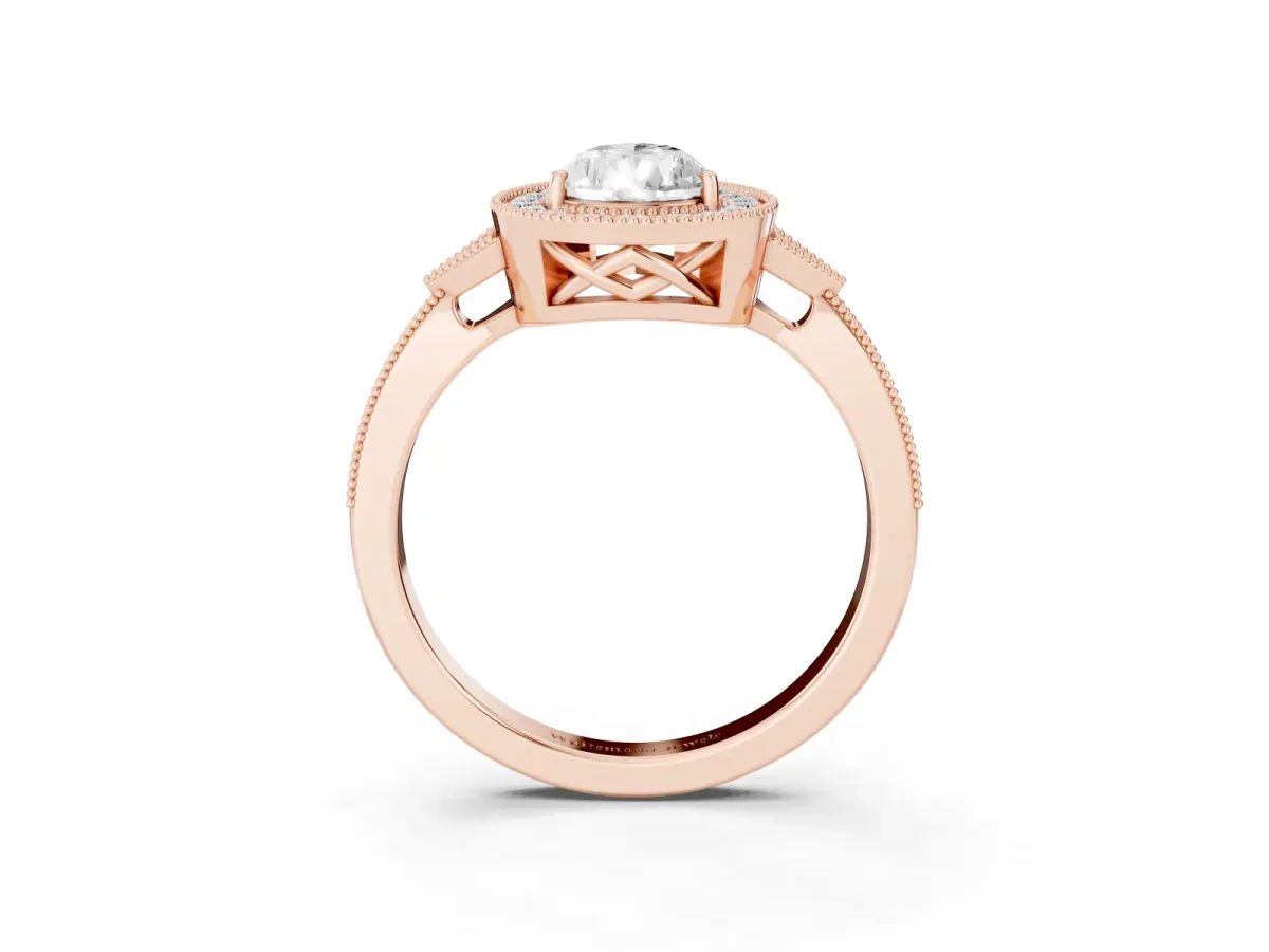 Pear Cut Halo Round Diamond Milgrain Pave Engagement Ring Rose gold