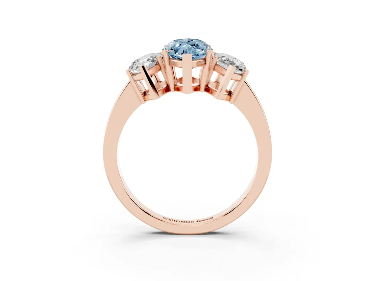 Fancy Blue Three-Stone Marquise Cut Cut Diamond Engagement Ring with Flat Band and Four-Prong Setting Rose gold