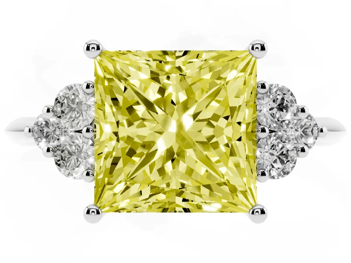 Fancy Yellow Princess Cut Cut Diamond Cluster Ring with Solitaire Band and Four-Prong Setting Platinum