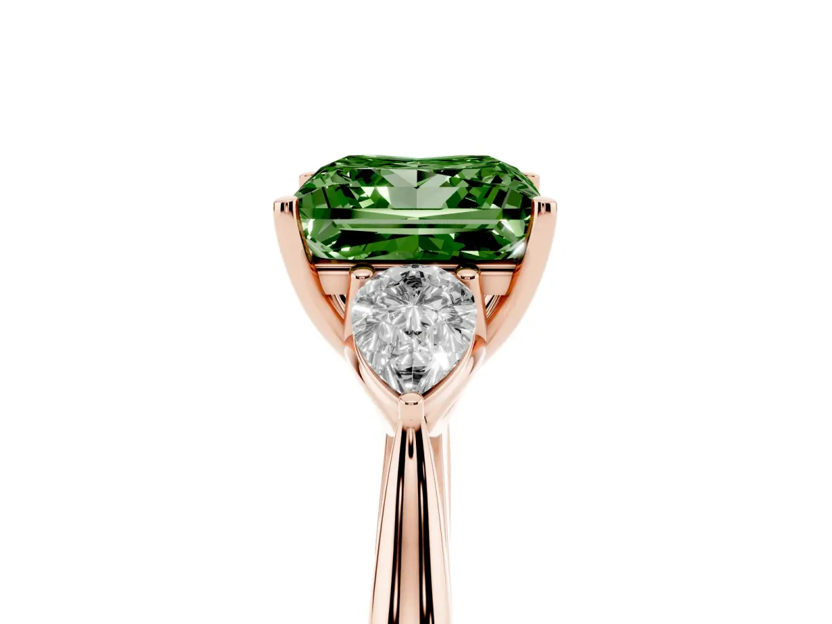 Fancy Green Three-Stone Princess Cut Brilliant Diamond Solitaire Ring with Tapered Band and Four-Prong Setting Rose gold