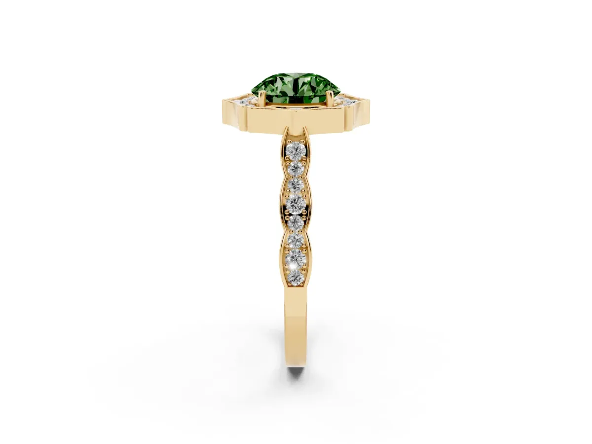 Fancy Green Round Cut Halo Diamond Engagement Ring with Milgrain Band and Four-Prong Setting Yellow gold