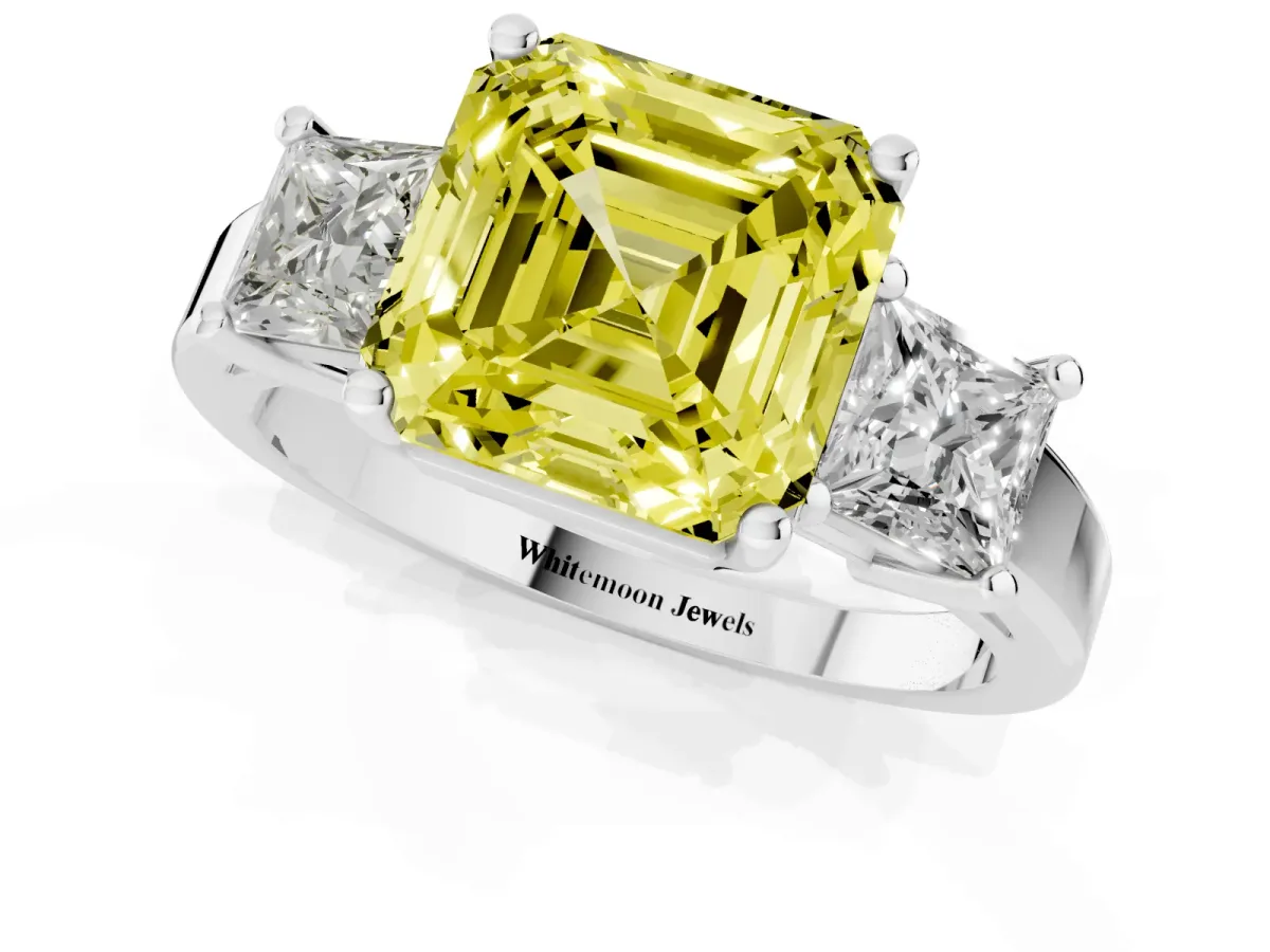 Fancy Yellow Three-Stone Asscher Cut Cut Solitaire Ring with Prong Setting Platinum