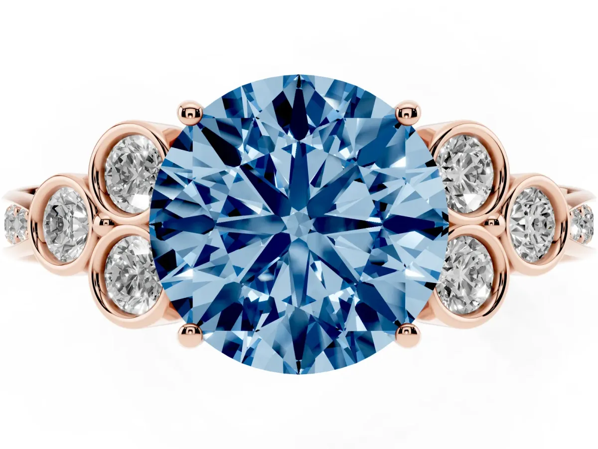 Fancy Blue Round Cut Cut Diamond Engagement Ring with Bezel Set Round Side Stones and Prong Setting Rose gold