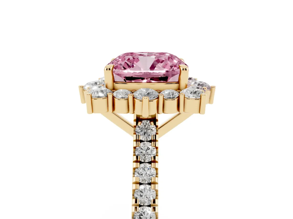 Fancy Pink Cushion Cut Halo Diamond Ring with Pavé Band and Prong Setting Yellow gold
