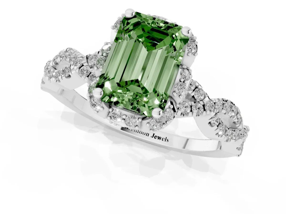Fancy Green Emerald Cut Halo Twist Band Solitaire Ring with Six-Prong Setting Silver