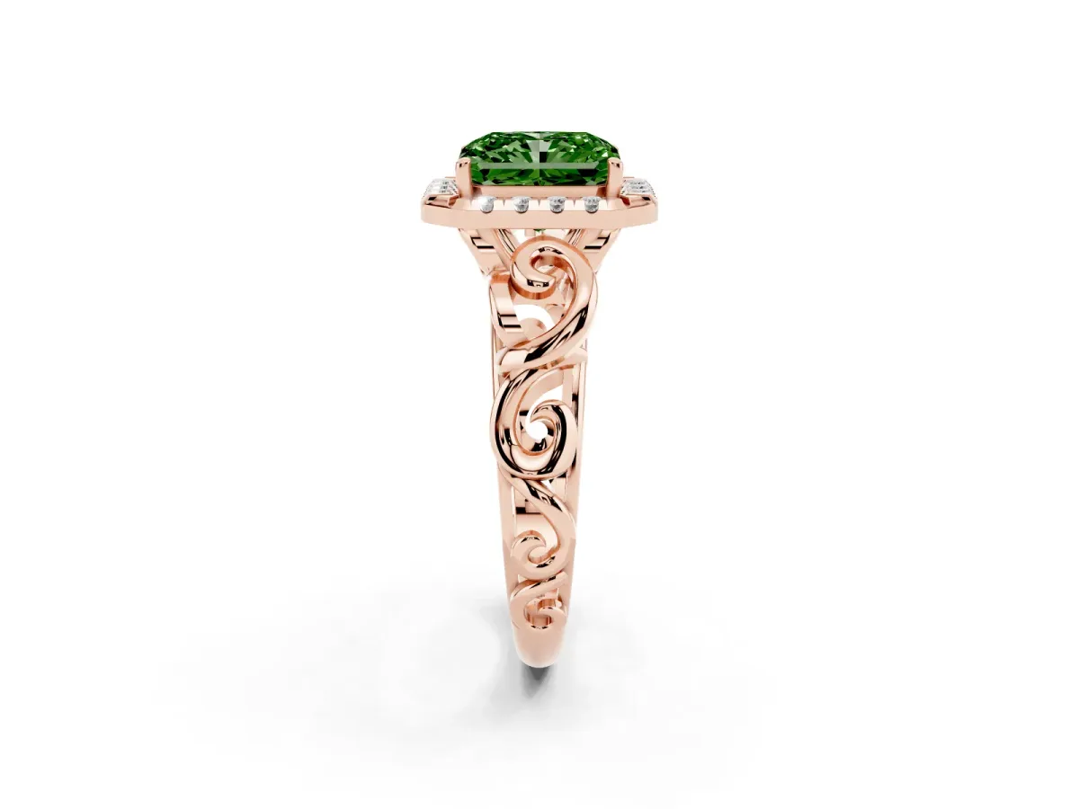 Fancy Green Radiant Cut Cut Halo Diamond Ring with Scrollwork Band and Four-Prong Setting Rose gold