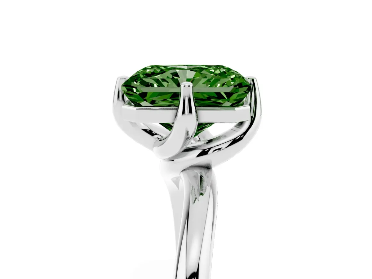 Fancy Green Radiant Cut Diamond Solitaire Engagement Ring with Four-Prong Setting and Classic Band Silver