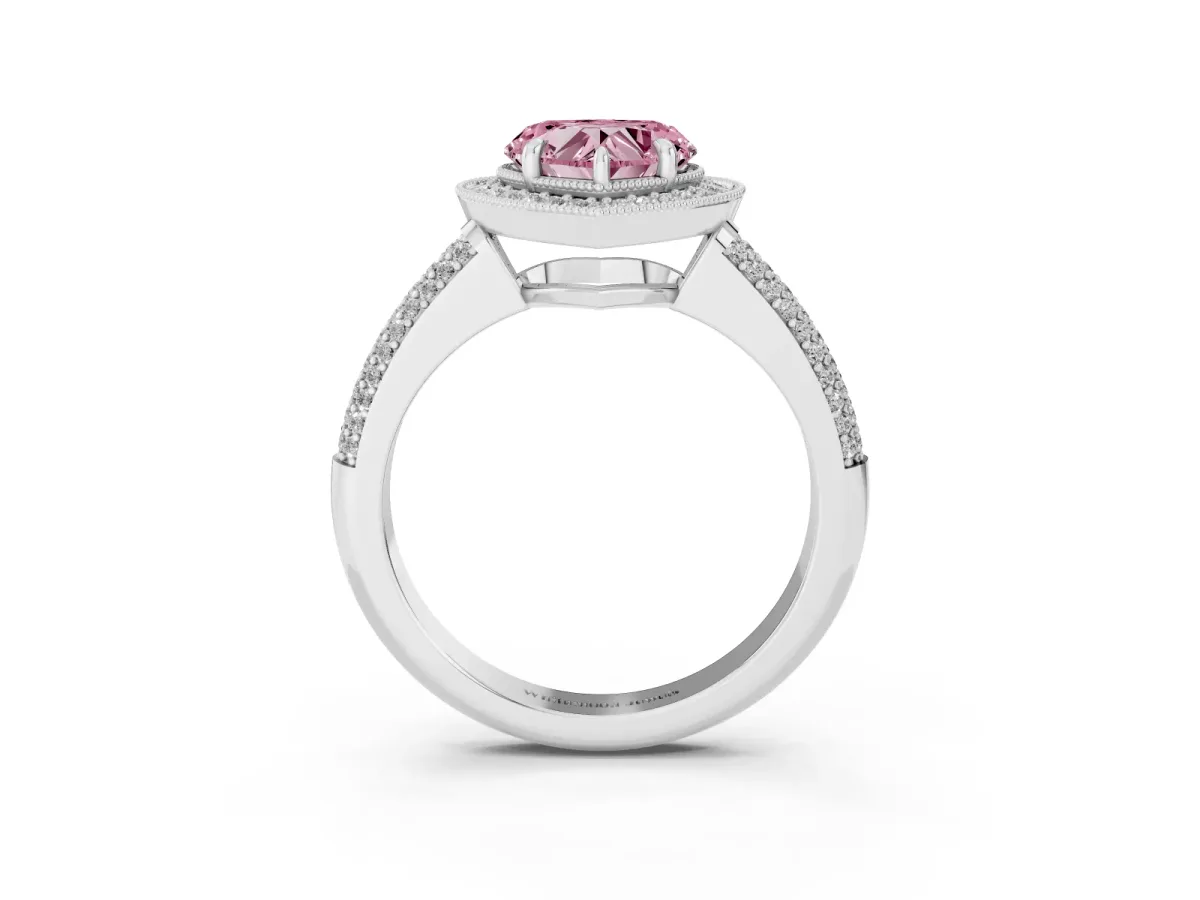 Fancy Pink Heart Cut Cut Halo Diamond Pave Band with Four-Prong Setting Silver