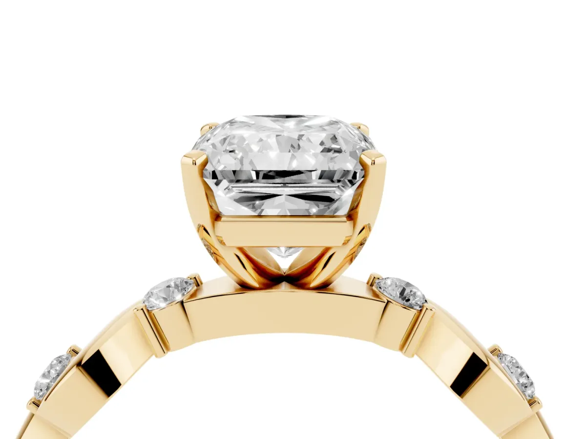 Radiant Cut Diamond Solitaire Twisted Band with Round Accents and Prong Setting Yellow gold