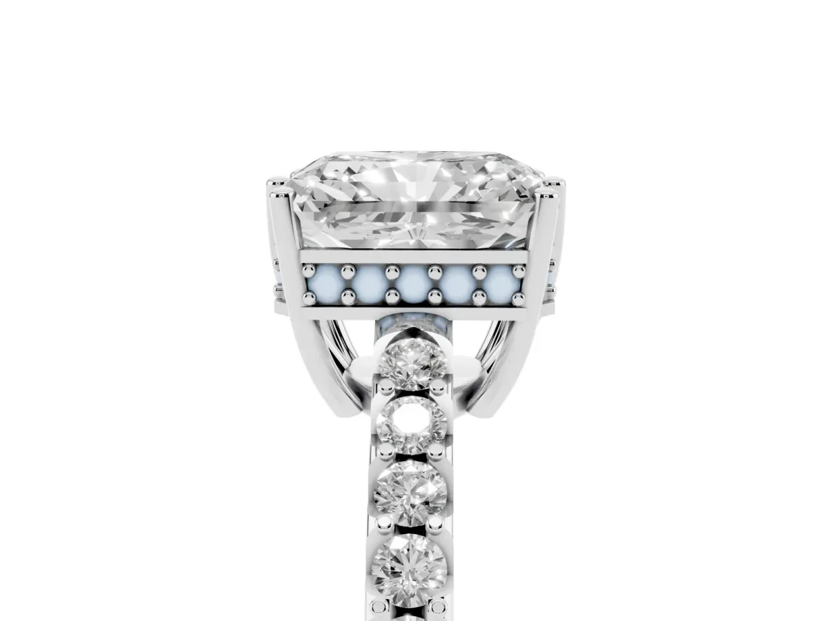 Radiant Cut Solitaire Diamond Engagement Ring with Pavé Band and Six-Prong Setting Silver