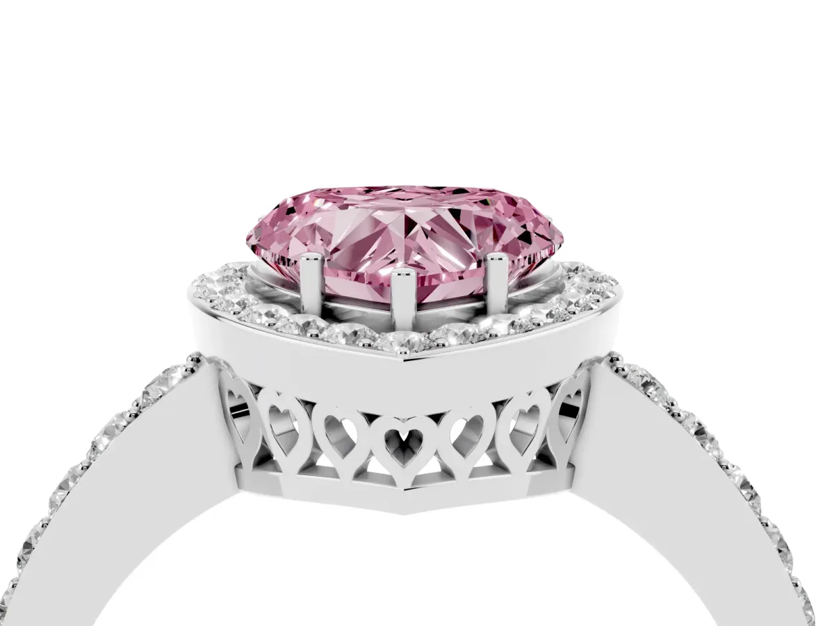 Fancy Pink Heart Cut Halo Diamond Pavé Band Ring with Prong Setting Silver