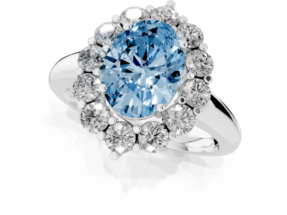 Fancy Blue Oval Cut Halo Cluster Diamond Engagement Ring with Prong Setting and Polished Band Silver