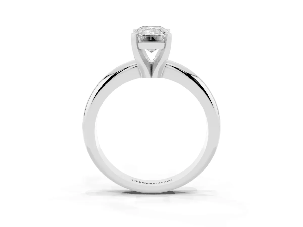 Emerald Cut Diamond Solitaire Engagement Ring with Round Band and Four-Prong Setting Silver