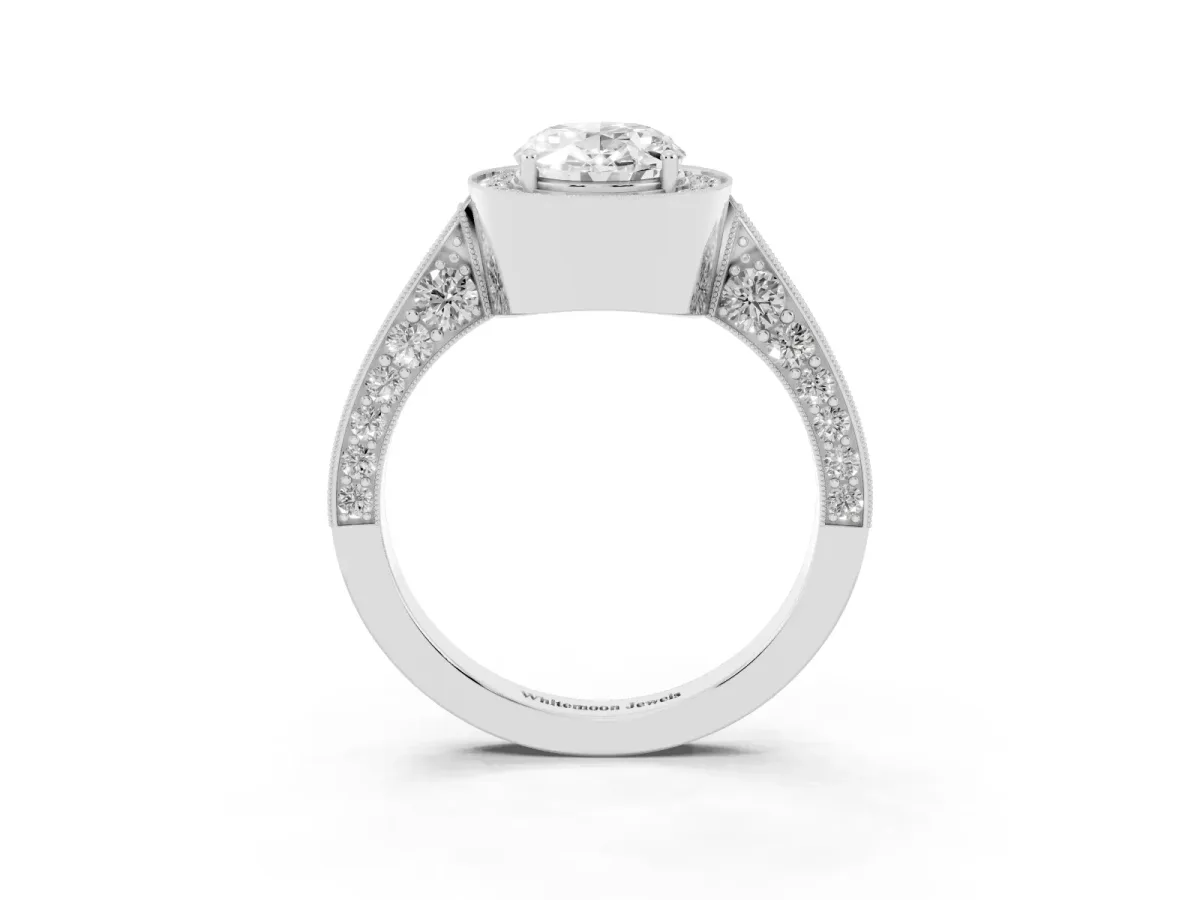 Oval Cut Halo Diamond Engagement Ring with Split Shank Band and Four-Prong Setting Silver