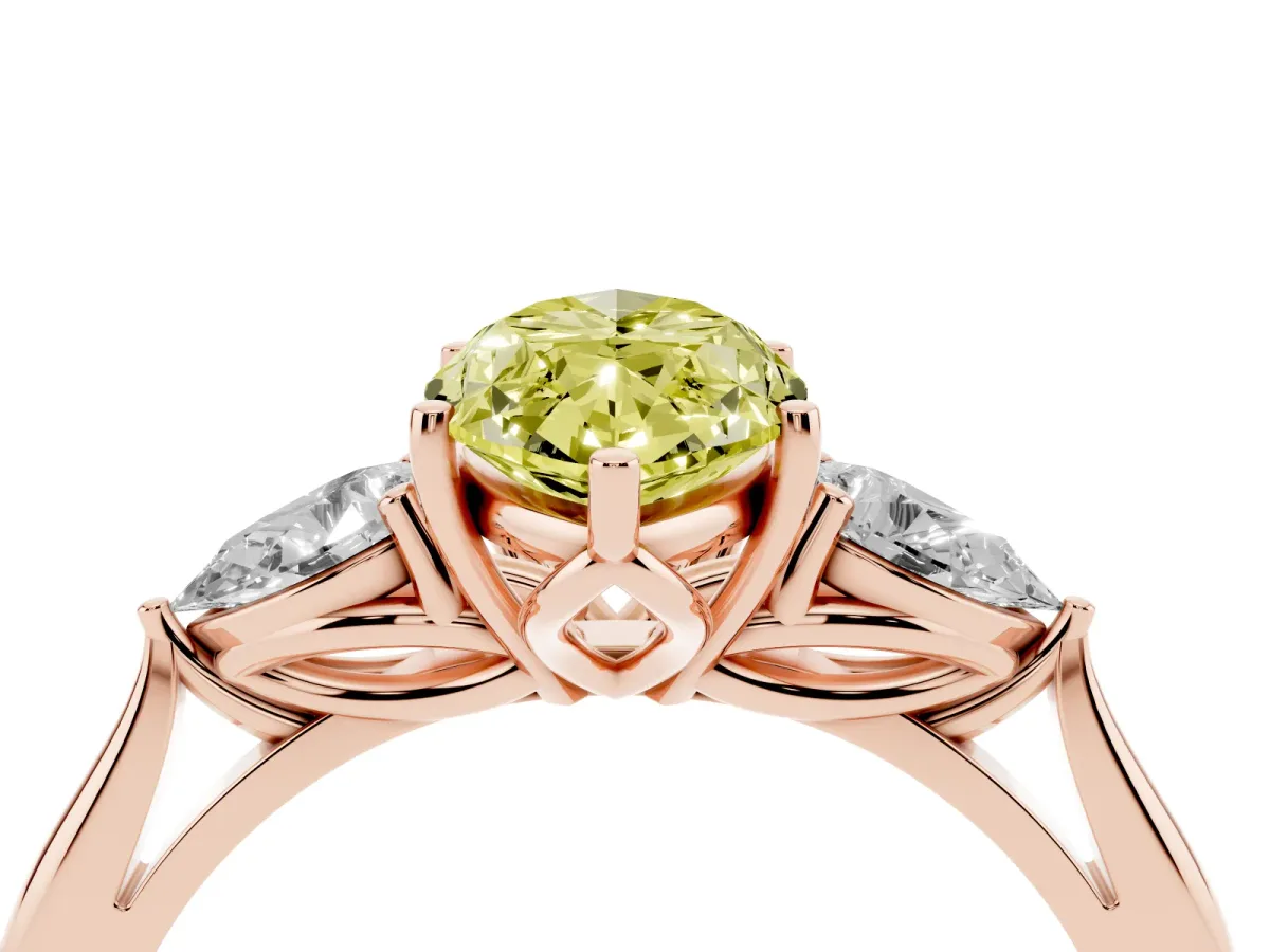 Fancy Yellow Marquise Cut Diamond Three-Stone Ring with Pear Side Stones and Prong Setting Rose gold