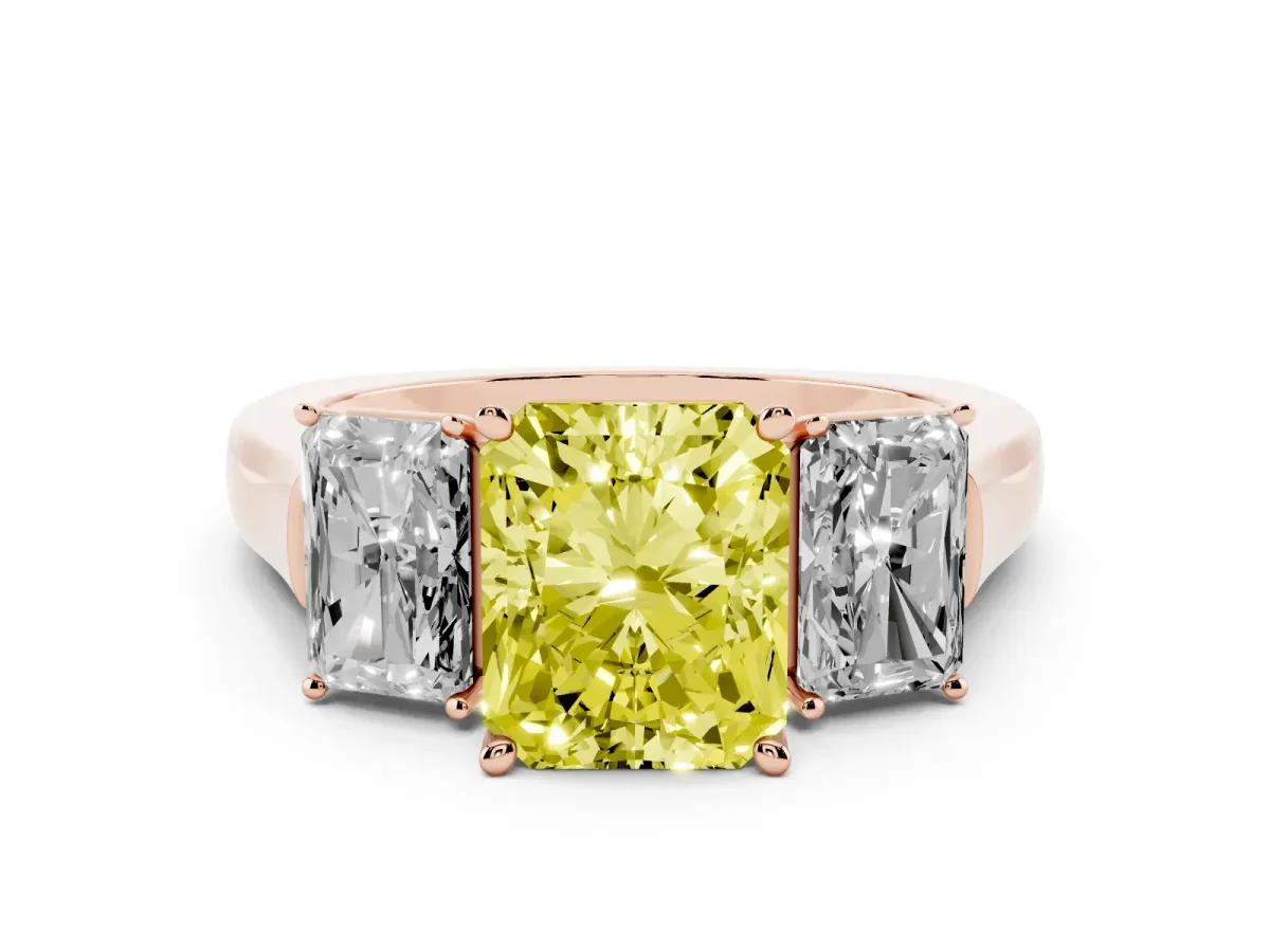 Fancy Yellow Three-Stone Radiant Cut Brilliant Diamond Trellis Ring with Comfort Fit Band Rose gold