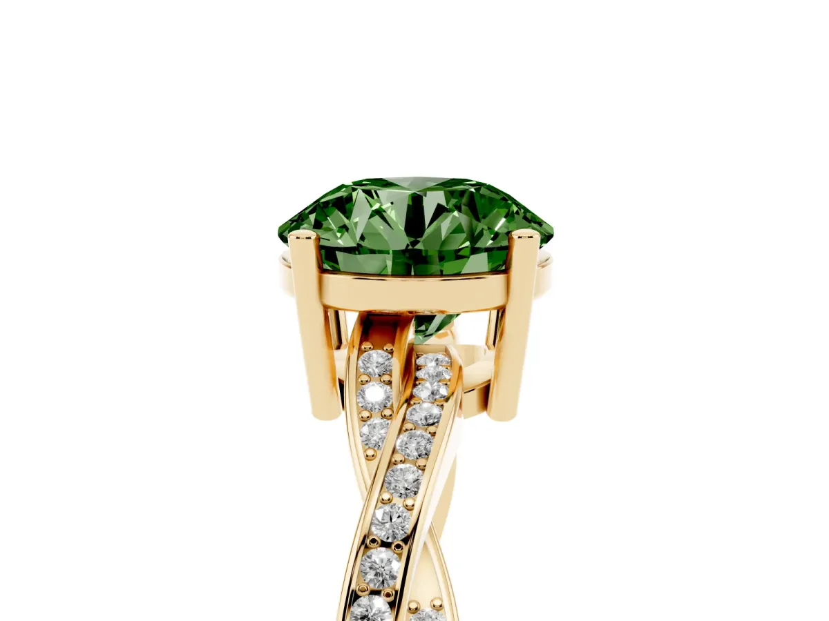 Fancy Green Round Cut Solitaire Twisted Pave Diamond Ring with Four-Prong Setting Yellow gold