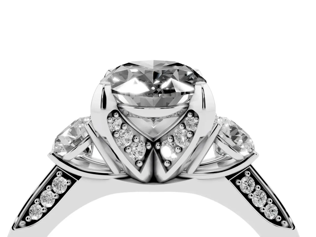 Fancy Black Oval Cut Brilliant Three-Stone Diamond Ring with Pavé Band and Four-Prong Setting White gold