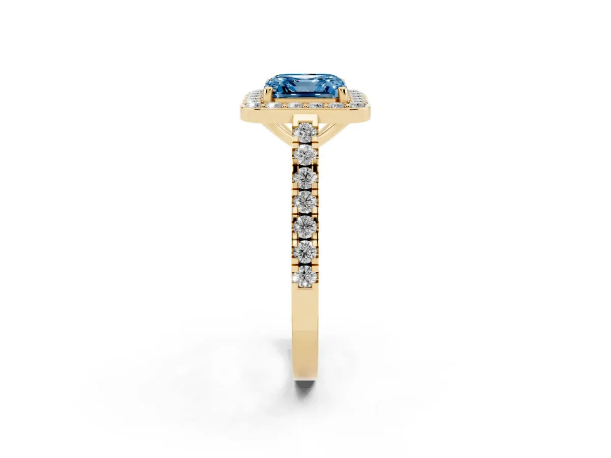 Fancy Blue Asscher Cut Diamond Halo Ring with Round Pavé Split Shank and Prong Setting Yellow gold