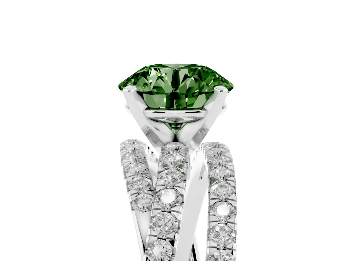 Fancy Green Round Cut Solitaire Twist Band with Pavé Setting and Four-Prong Setting Silver