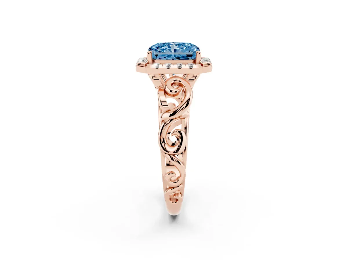 Fancy Blue Radiant Cut Cut Halo Diamond Ring with Scrollwork Band and Four-Prong Setting Rose gold