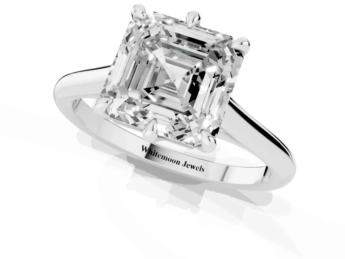Asscher Cut Solitaire Engagement Ring with Six-Prong Setting and Classic Band Silver
