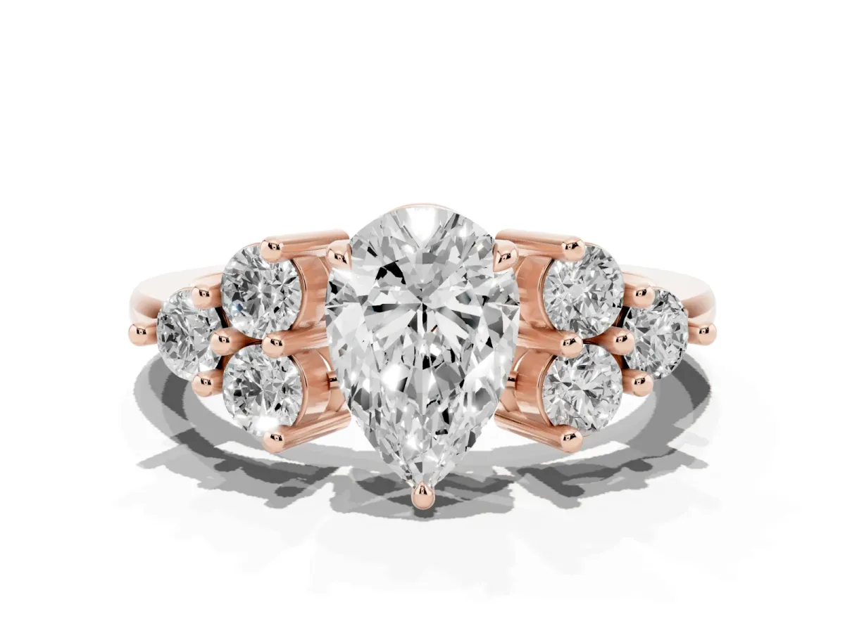 Pear Cut Brilliant Diamond Cluster Accent Solitaire Ring with Prong Setting Rose gold