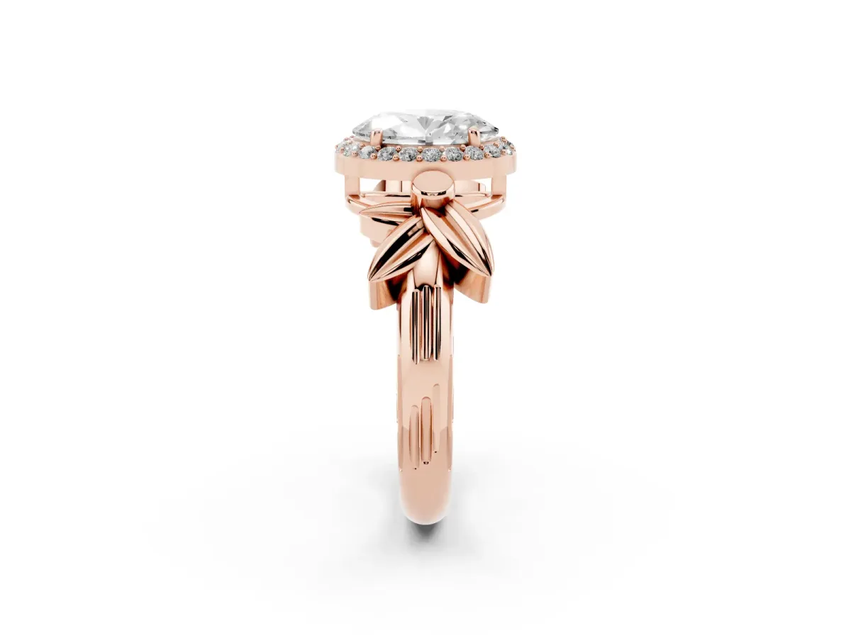 Oval Cut Halo Diamond Floral Band with Four-Prong Setting Rose gold