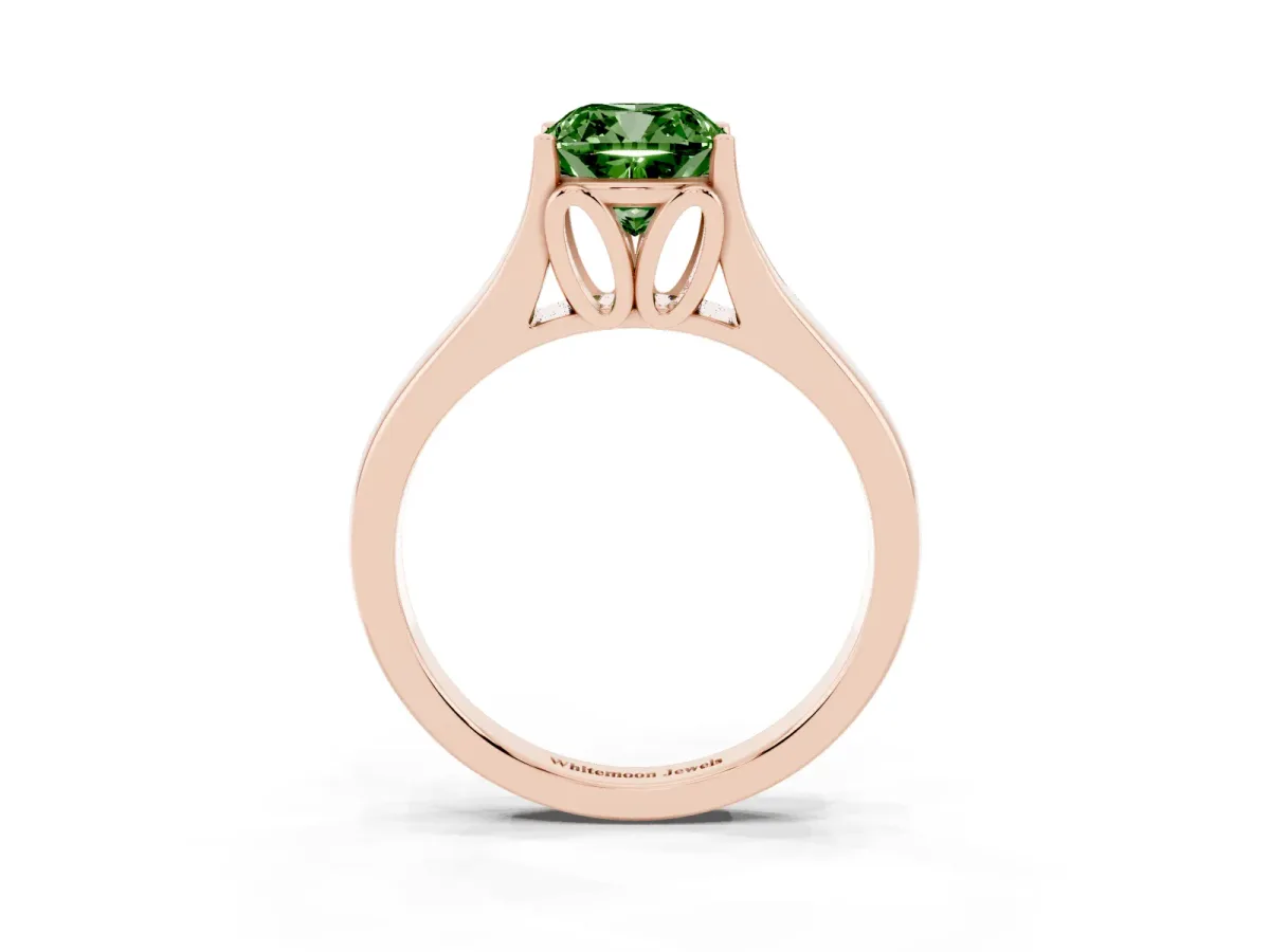 Fancy Green Cushion Cut Solitaire Diamond Ring with Cathedral Band and Four-Prong Setting Rose gold